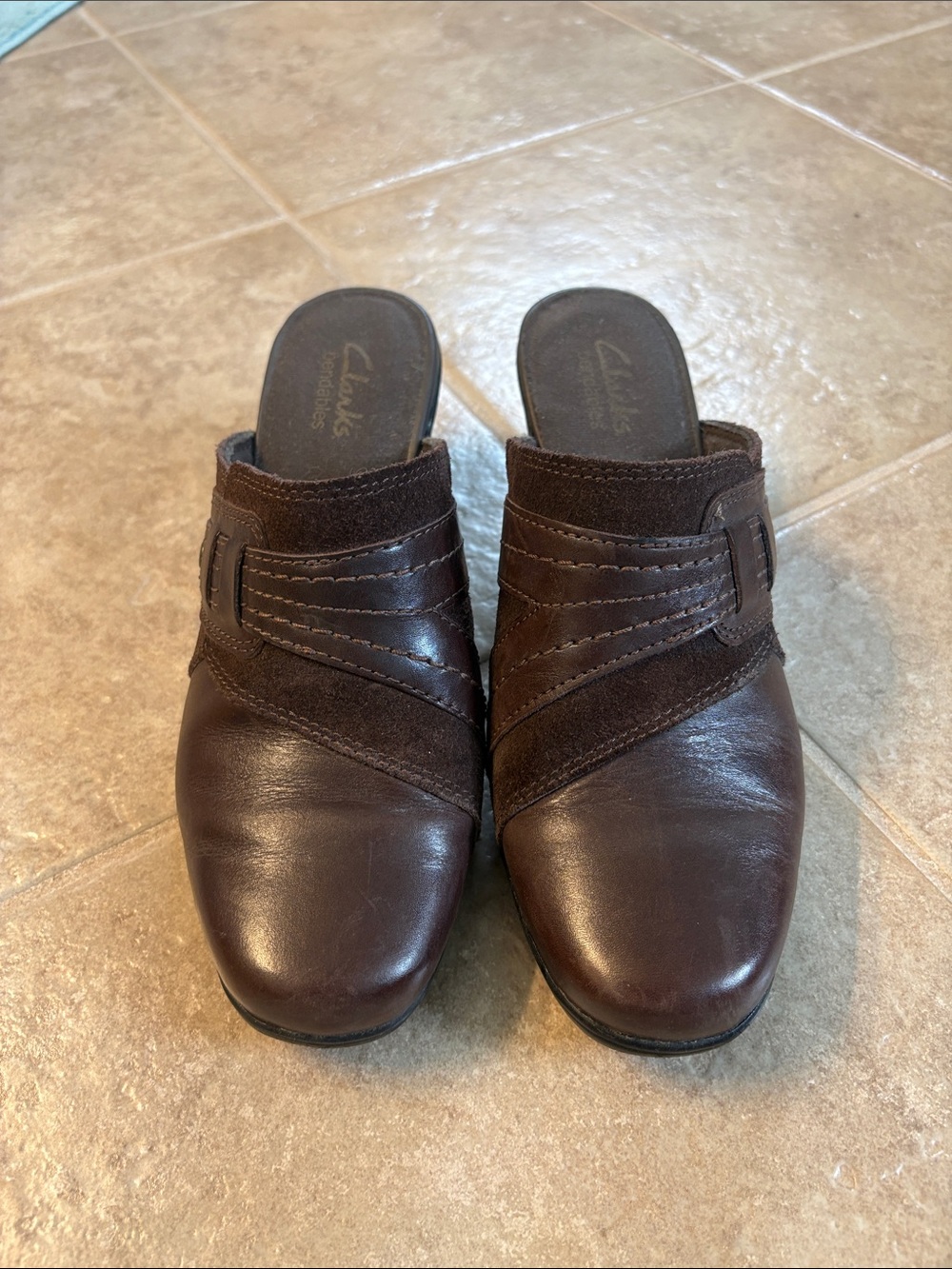 Clarks Women's Dark Brown Leather & Suede Mule Clogs